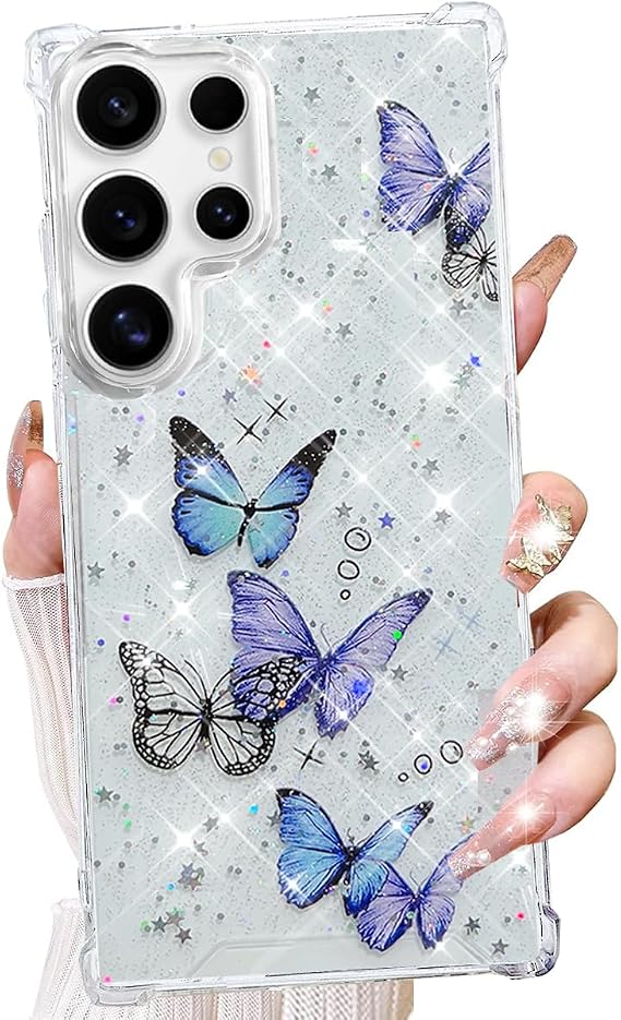 Changjia for Samsung Galaxy S26 Ultra Clear Glitter Case, Cute Girly Butterfly Bling Sparkle Shiny Stars Soft TPU Silicone Shockproof Slim Protective Cover for Women Girls for Galaxy S26 Ultra, Purple