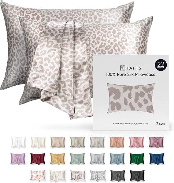 Tafts Silk Pillow Cases - 22mm 100% Pure Mulberry 6A Silk Pillowcase for Hair & Skin with Zipper Closure, Cooling, Natural, Organic, Double Sided (Leopard, King 20"x36", 2pc)