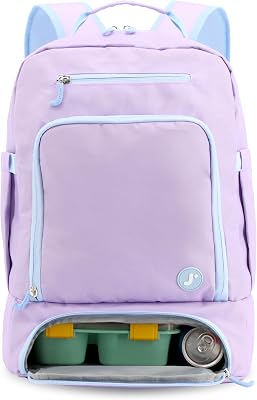 J World New York 2-in-1 Insulated Backpack Lunch Box for Kids. Adult School Bookbag, Purple