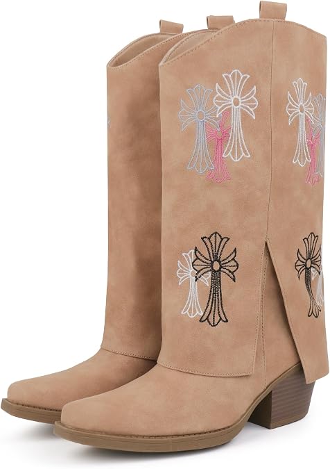 Hawkwell Cowboy Boots For Women Western Cowgirl Boots with Chunky Heel Mid Calf Snip Toe Side Zip Shark Boots with Embroidered Pull On Dress Fold Over Booties for Ladies