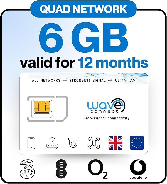 Quad Network 6GB Data-Only SIM, valid 12 months, IoT Devices | Three, EE, O2 & Vodafone, 4G/5G, UK, Ireland & EU, activates on first use