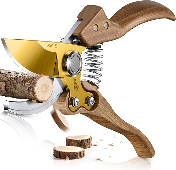 DECERK 8.5" Premium Bypass Pruning Shears, Wood-Grain Garden Clippers