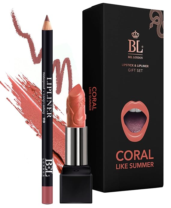 BL Color Matched Lip Liner & Lipstick Set (Coral) - Full-Coverage Argan Long Lasting Lipstick and Lip Liner Set With Natural Oils for Nourishment, Hydration, Protection - Chemical-Free