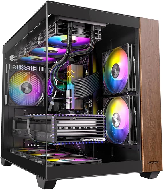 OKI Genuine Walnut Wood PC Case 120mm ARGB & PWM Fan Type-C Port Panoramic View Tempered Glass Side Panel Black ATX Case Mid Tower Mirage 6