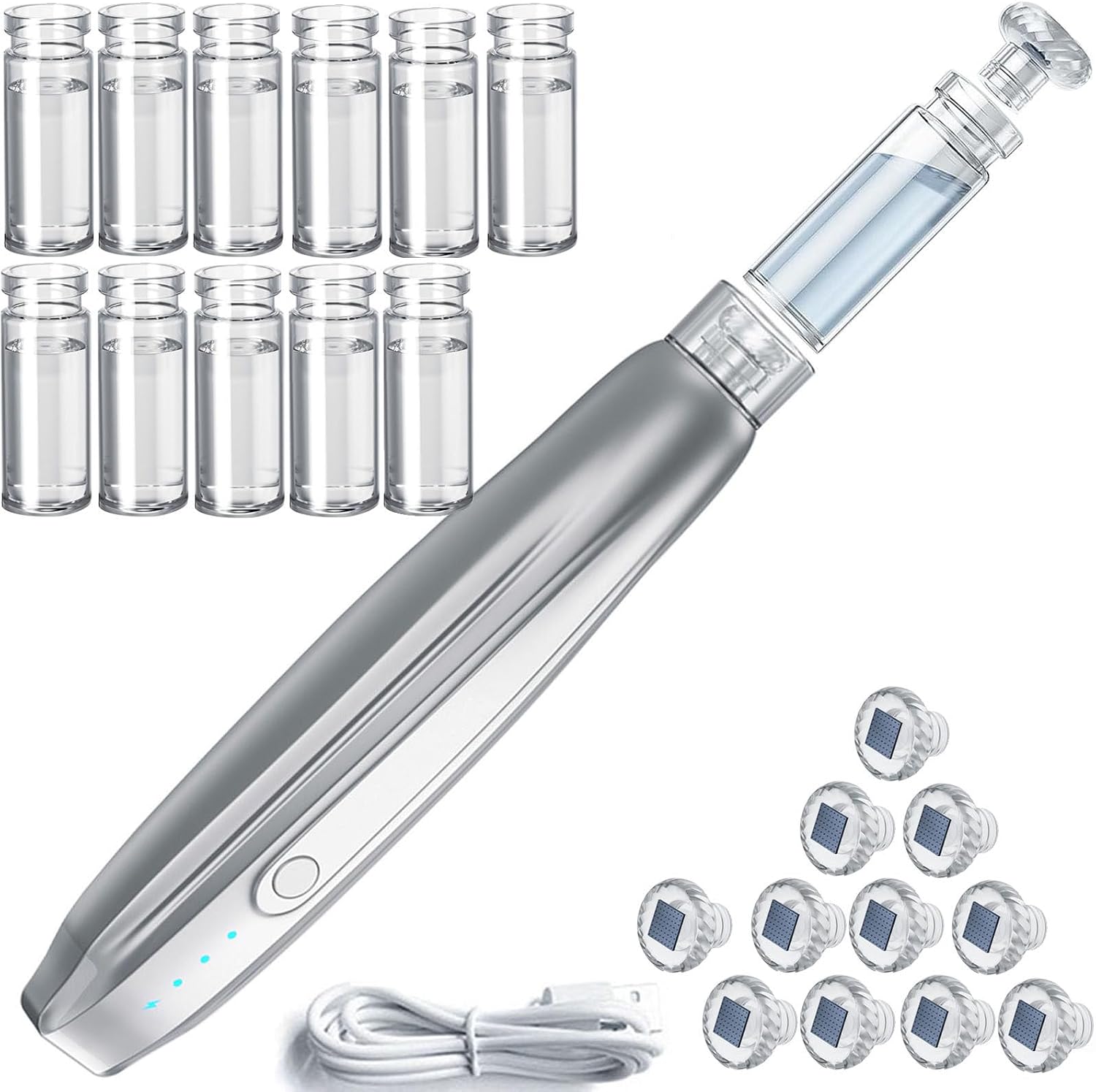 ‌Micro Needle Stamp Kit,Hygienic Nano Infusion Device for Face Care -  with 12 Sealed Heads & Glass Vials, USB Charging, Microneedle Stamp Pen for Ampoules & Brightening Essences‌