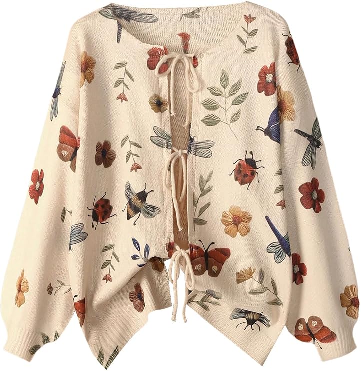 SOLY HUX Women's Plus Size Vintage Floral Print Lace Up Cardigan Sweater