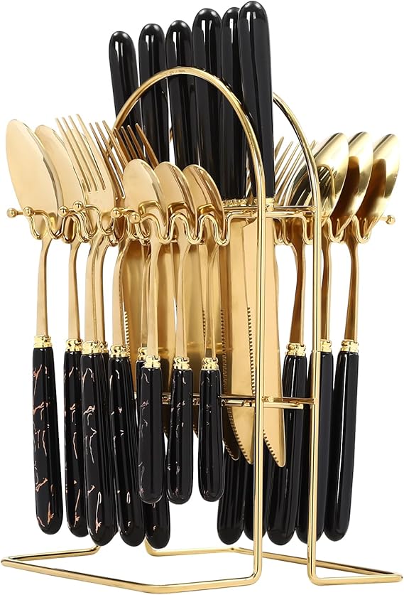 24 Piece Gold Cutlery Set 420 Stainless Steel 6 Place Settings Blue Ceramic Handle Knife Fork Spoon Coffee Spoon Set Formal Dinnerware Hygienic Stand UK​ (Golden Black)