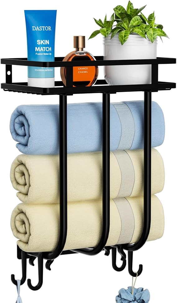 Small Wall Mounted Towel Rack with Shelf & 4 Hanging Hooks, Black | Metal Shelf Washcloths Hand Towel Storage for Bathroom Organizer Decor or RV Camping, Can Hold 3 Large Size Rolled Towel