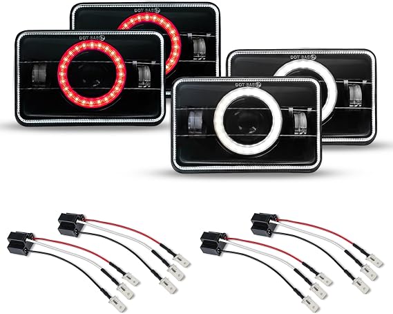 4Pcs 4x6 LED Headlights DOT Approved with Red Halo DRL+4Pack H4 9003 HB2 Wiring Harness Sockets