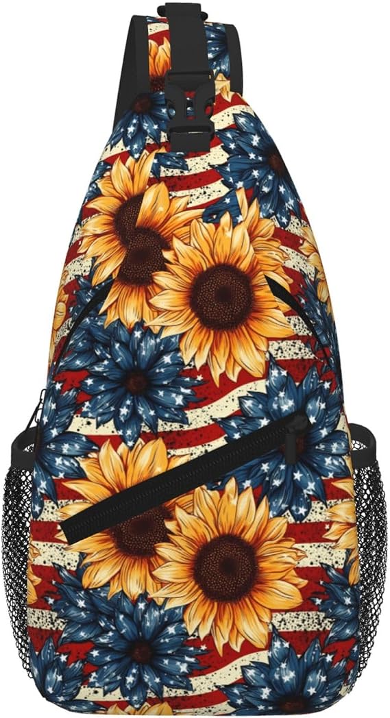 Sunflowers Floral Casual Sling Backpack Cross Body Chest Bags for Unisex American Flag Adjustable Shoulder Bag Multipurpose Daypack