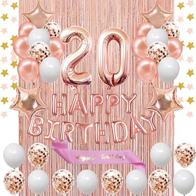 Fancypartyshop 20th Birthday Decorations - Rose Gold Happy Birthday Banner and Sash with Number 20 Balloons Latex Confetti Balloons Ideal for Girl and Women 20 Years Old Rose Gold