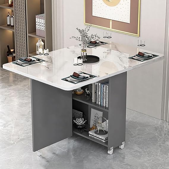 Folding Dining Table, Drop Leaf Dining Table with Wheels and 2-Layer Storage Shelf, Versatile Collapsible Extension Dinner Kitchen Office Desk Table, Extendable Space Saving Furniture(Gray,L-120cm/47.