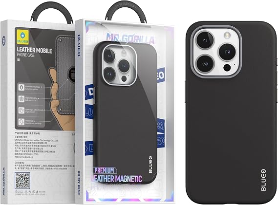 Blueo iPhone 14/15 Serisi Uyumlu Premium Deri Telefon Kılıfı (Siyah, iPhone 14 Pro)