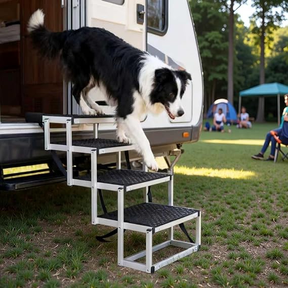 Dog Ramp for Car, Four-Steps Folding Pet Stairs for Truck, SUV, Portable Pet Steps with Paw-Print Textured Surface & Metal Frame Gradual Incline for Medium & Large Dogs, Up to 250lbs, Black