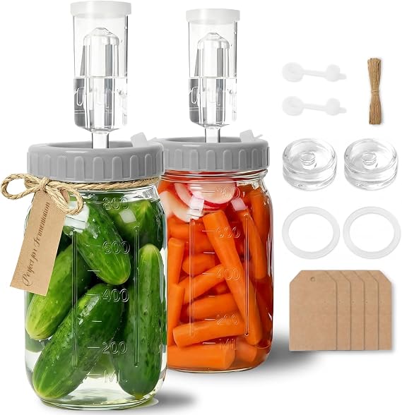 2 Pack Fermentation Jar Kit, 32 OZ (946ml) Fermentation Set with Silicone Lids, Airlocks, Glass Fermentation Weights & Labels for Sauerkraut, Kimchi & Pickles
