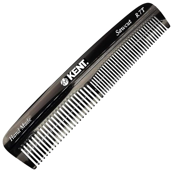 Kent R7T Black Graphite Fine and Wide Tooth Hair Comb, Handmade Pocket Comb for Men, Best Beard and Mustache Comb for Everyday Grooming and Styling, Sawcut, Made in England