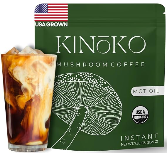 Kinoko USDA Organic Mushroom Coffee 30 Servings with MCT Oil, Instant Creamy Coffee Mix with 7 Adaptogenic Mushrooms for Focus, Energy & Wellness, USA Grown
