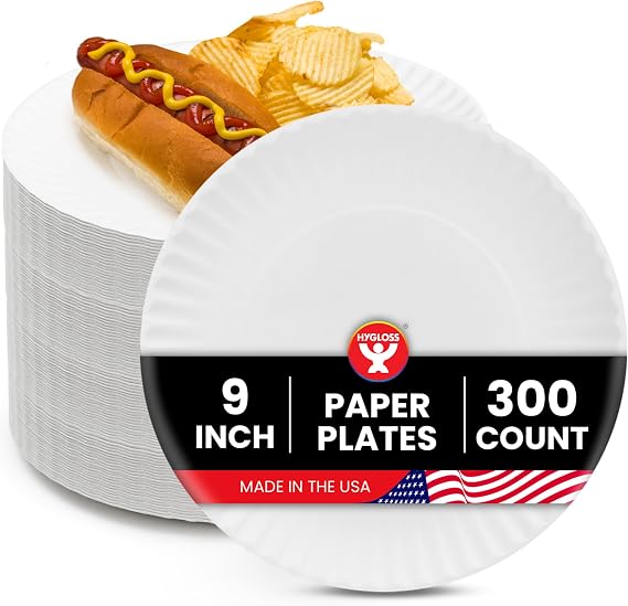 Hygloss Bulk Paper Plates 9-Inch, White Disposable Large Plain, 300 Count