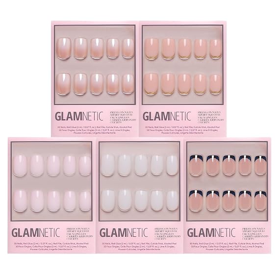 Glamnetic Short Squoval Press-On Nails Bundle - Soft Girl, Clean Cut, Squid Ink, Sugar Veil & Goal Setter | Milky Pink Fake Nails | Milky White False Nails | Glazed Black French Tips | Glazed Nude Nai