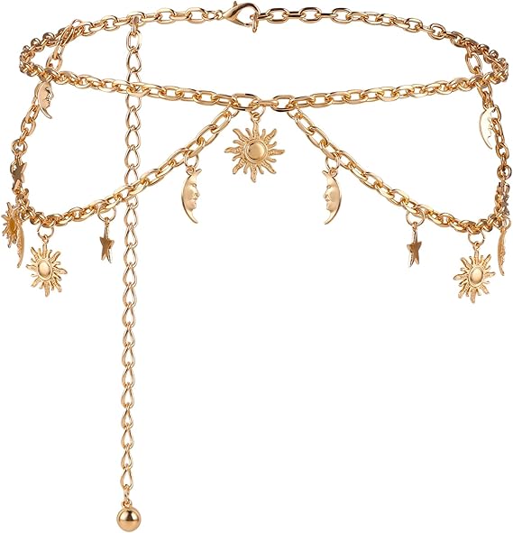 Double Layer Metal Chain Belt, Moon Star Waist Chain Fashion Link Belt Skinny Dress Waist Chain Belt For Women