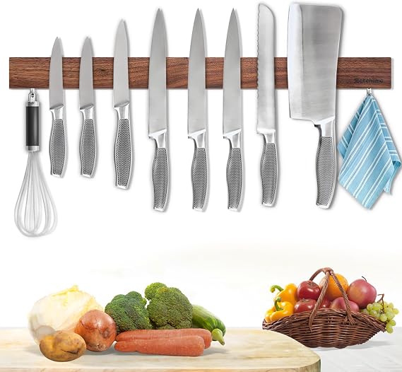 Magnetic Knife Holder for Wall, Magnetic Knife Strip No Drilling 23 Inch, Walnut Wood Magnet knife holder strip with 2 Hooks, Powerful Magnet Knife rack for Kitchen Utensils, Knives
