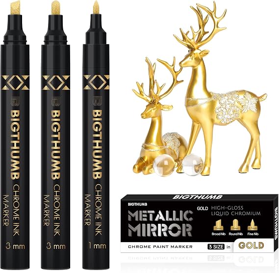 BIGTHUMB 3Pcs Liquid Chrome Paint Markers, Gloss Mirror Marker, Oil-based Permanent Chrome Maker, Reflective Metallic Pen Markers for Repairing, Model Painting DIY Art Projects, Gold