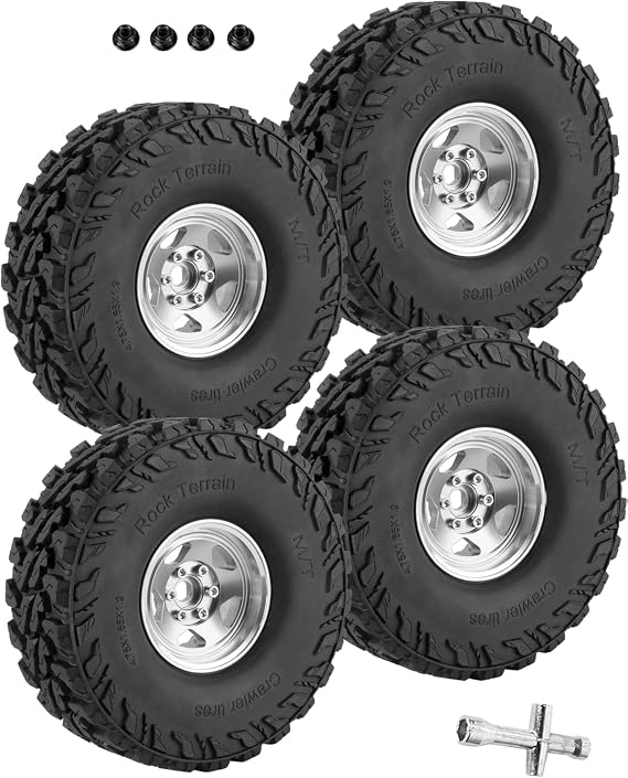 RC Alloy 1.9" Beadlock Wheels and Tires for 1/10 RC Crawler TRX4 SCX10 SCX10 III 90046 D90,1.9 RC Wheels and Tires 1.9 Beadlock Tires RC Rims,4 Packs,Silver