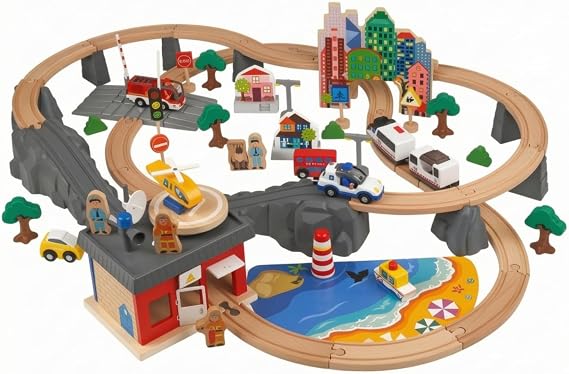 Elevated Toy Train with Tracks Wooden Train Set with Tracks, Complete, for Playroom