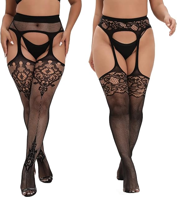 MANZI Womens Plus Size Suspender Stockings Thigh High Fishnet Garter Tights