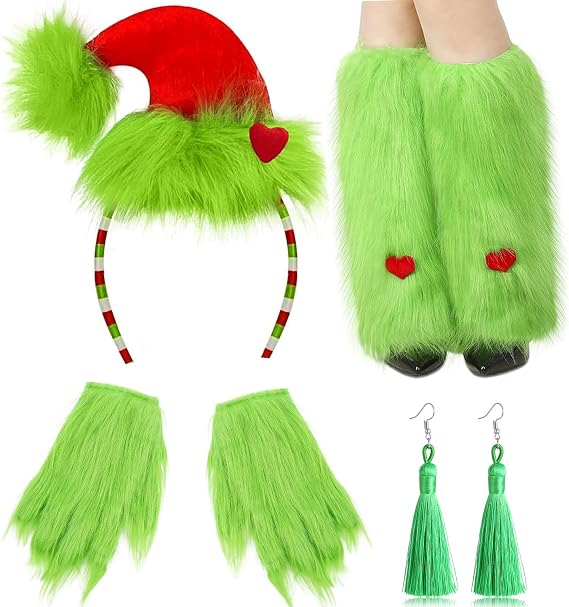Christmas Green Monster Furry Santa Costume Accessories Headband Hand Gloves Fuzzy Faux Leg for Adult Outfit Accessories