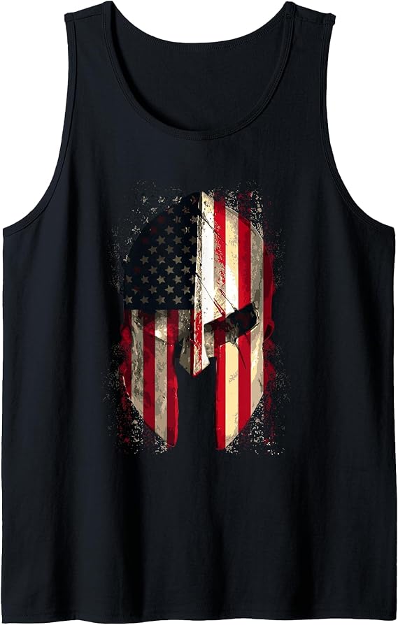 American Spartan Warrior Helmet Patriotic Flag T-Shirt Tank Top