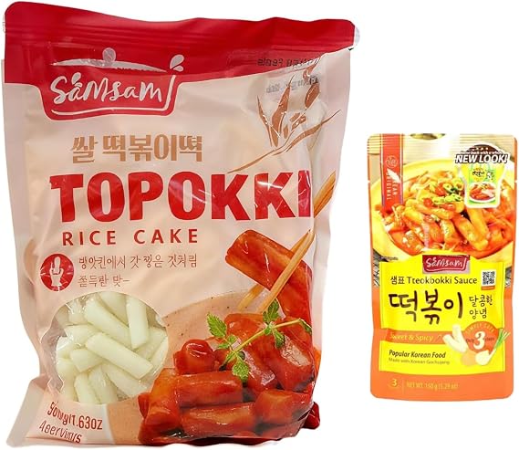 Topokki Rice Cake Kit, Samsam Topokki Rice Cake 500g+ Korean Tteokbokki Hot & Spicy Sauce 150g (Samsam Topokki 500g+ Sweet&Spicy Sauce 150)