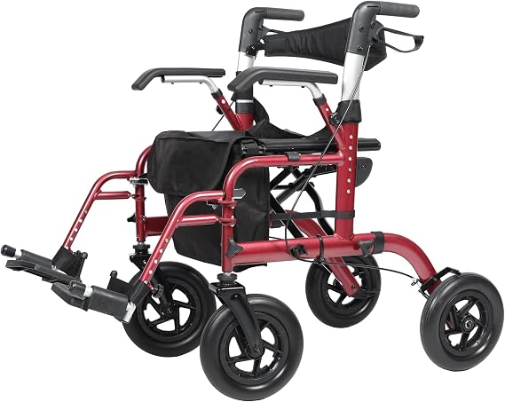 ELENKER All-Terrain 2 in 1 Rollator Walker & Transport Chair, Folding Wheelchair with All 10 Wheels for Seniors, Reversible Backrest & Detachable Footrests, Red