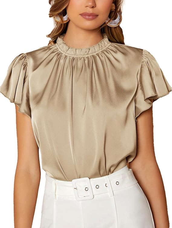 Satin Blouses for Women Short Sleeve Silk Shirt Office Frill Mock Neck Top Champagne XXL
