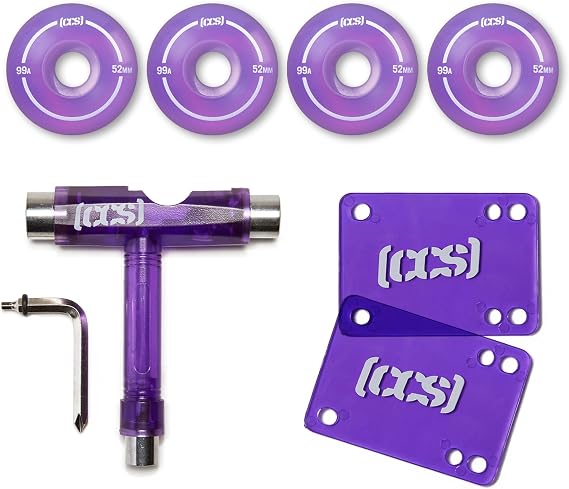 [CCS] Clear Skateboard Wheels Bundle | Professional Grade | Polyurethane | Size 52mm | 99A Durometer | 1/8" Riser Pads & Skate Tool Included (Purple)