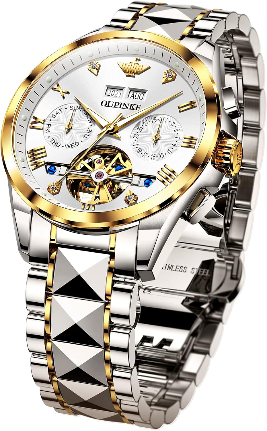 OUPINKE Men's Automatic Mechanical Watches Self Winding Tourbillon Multifunction Calendar Date Swiss Luminous Waterproof Luxury Dress Wrist Watches