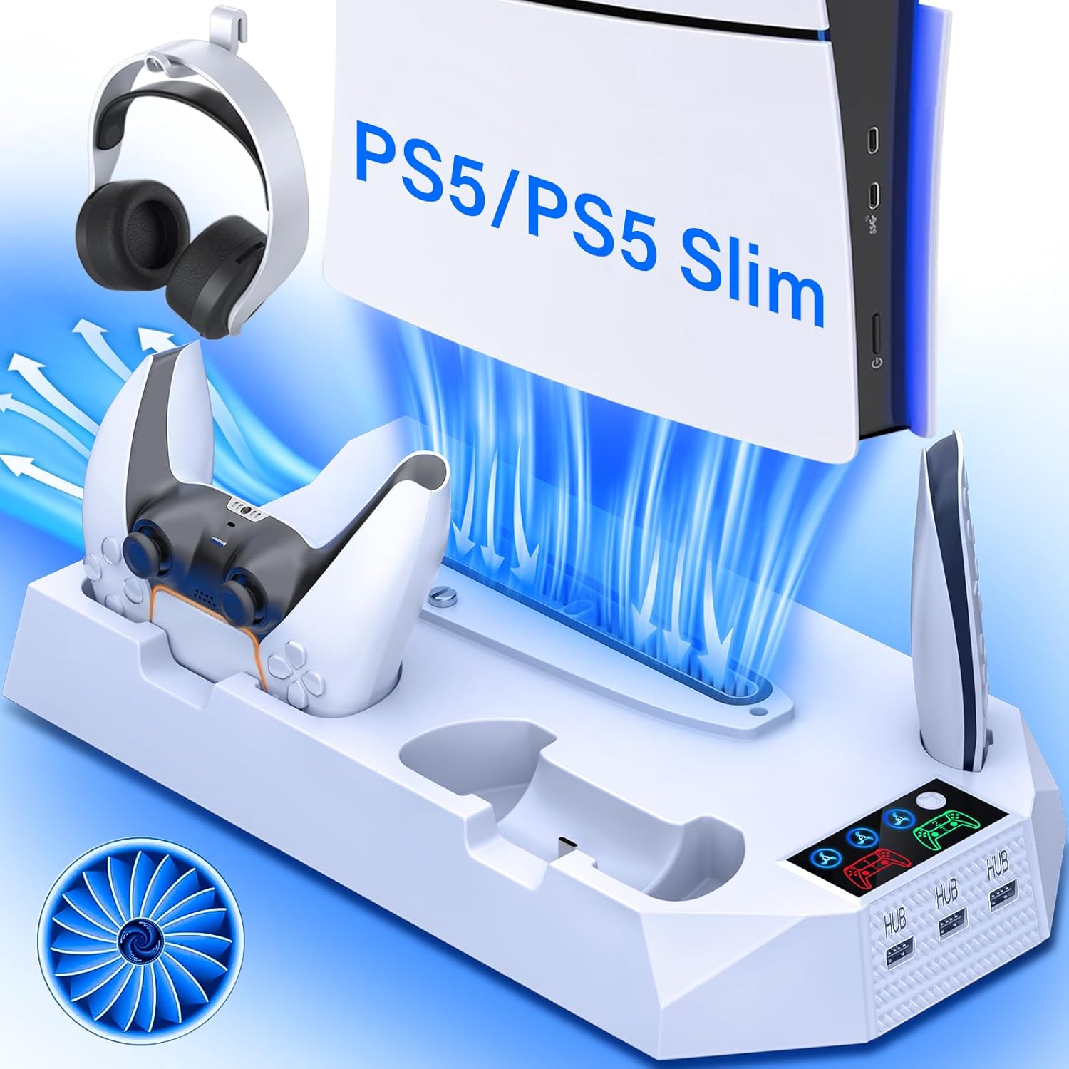 ZRZLMVP PS5/Slim Cooling Stand with Controller Charging Station for Playstation 5 Slim&Standard Disc/Digital Console, Stand Accessories for PS5 Slim Incl. Cooling Fan/Headset Holder/3 USB Hubs, White