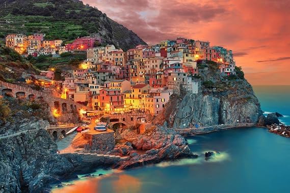 Laminated Italy Poster Cinque Terre Manarola Cliff Homes Landscape Photo Photograph Sicily Almafi Coast Picture Beautiful Scenery Poster Dry Erase Wall Art 16x24