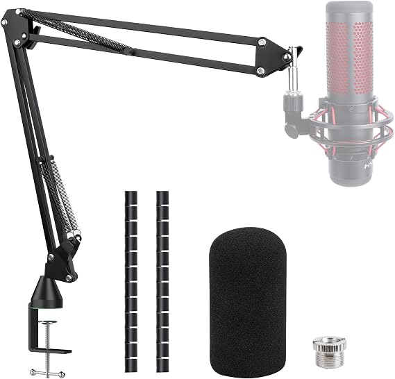 SUNMON HyperX QuadCast Boom Arm,Adjustable Suspension Microphone Boom Arm for HyperX QuadCast, QuadCast S Boom Arm Upgrade C Clamp, 2 Cable Ties, Pop Filter Cover Compatible with HyperX Microphone