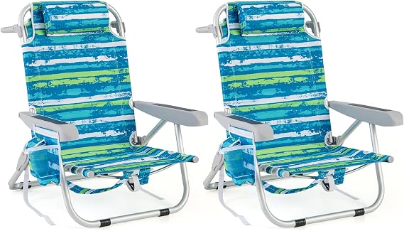 Goplus Beach Chair, 2 Pack 330lbs Folding Backpack Beach Chairs for Adults with 5 Positions, Storage Pockets, Towel Bar & Headrest, Foldable Low Beach Lounge, Portable Aluminum Lay Flat Camping Chair
