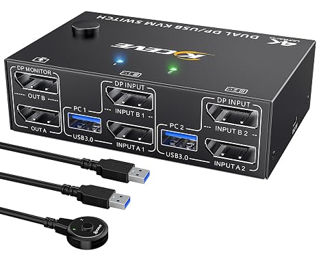 8K Displayport KVM Switch 2 Monitors 2 Computers 8K@30Hz 4K@144Hz,MLEEDA Dual Monitor KVM Switches with 4 USB 3.0 Ports for Keyboard Mouse USB Peripherals,Wired Remote and 2 USB Cables Included