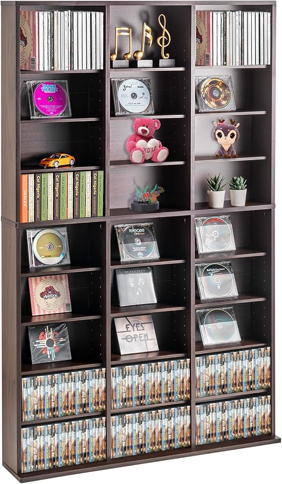 VEVOR Media Storage Cabinet, 9-Layer DVD Shelf, Adjustable CD Shelves 27 Compartments, Protects & Organizes Music, Movie, Video Games or Memorabilia Collections, Espresso