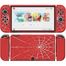 JINGDU Case Compatible with Nintendo Switch OLED 2021, TPU Case Accessory for Switch Console and Grip Joy-Con, Switch Protector with 4 Thumb Grips, Red Spider Web