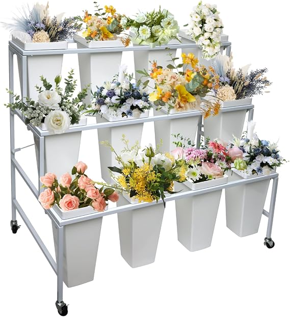 Flower Display Stand with Buckets, 3 Layers 12PCS Buckets Metal Flower Cart Display Stand with Wheels, for Patio Garden, Living Room (3 Layers White Square Bucket)