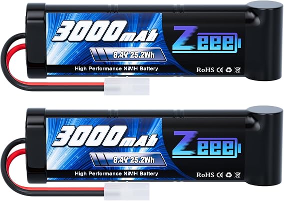 Zeee 8.4V 3000mAh NiMH Battery with Tamiya Plug (2 Pack) | High Power RC Battery for RC Car LOSI Associated HPI Tamiya Kyosho