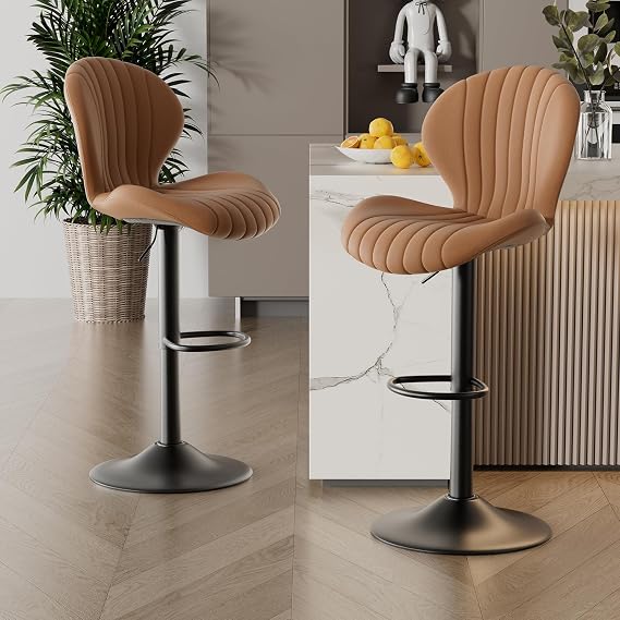 Bar Stools Set of 2, Modern Swivel Barstools, Adjustable Fabric Upholstered Counter Height Barstools with Back for Kitchen Island, Brown