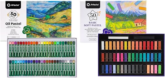 Artecho Oil Pastels Set of 50 Colors (8 x 60 mm) & 50pcs Soft Pastels, 48 Colors Including 4 Fluorescent Colors