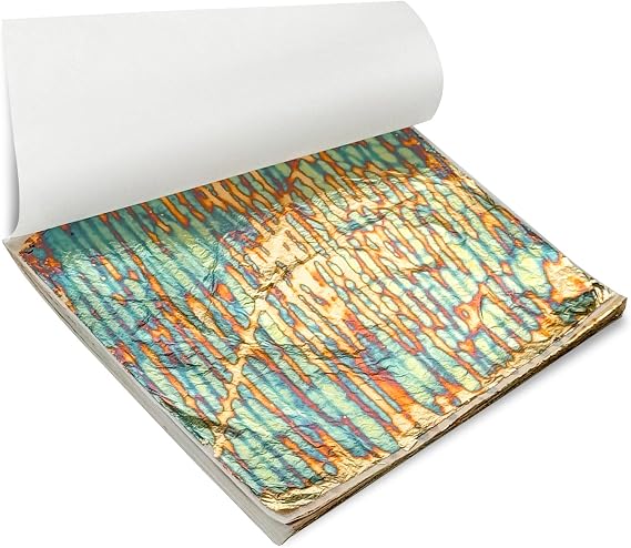 Variegated Gold Leaf Sheets 50pcs, Colorful Imitation Gold Foil Sheets Paper Booklet for Art Craft Painting Gilding Decoration, 14 x 14cm, Stripe