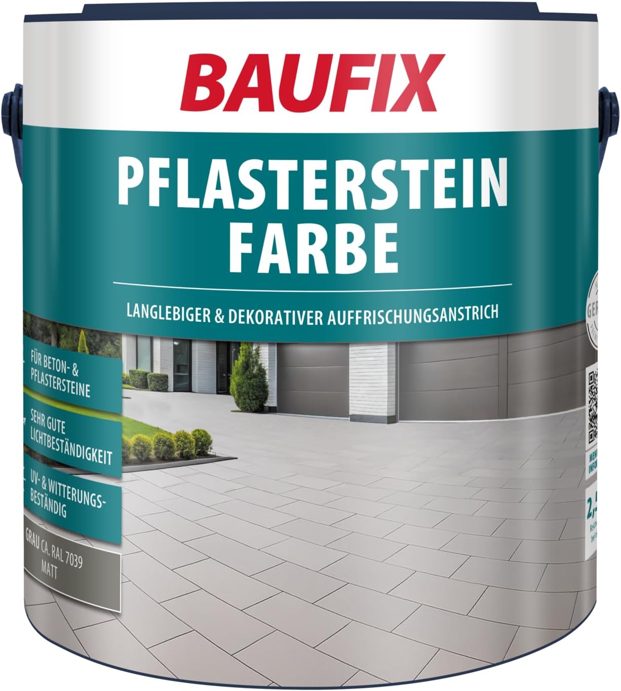 BAUFIX Pflasterstein Farbe grau matt 2.5 Liter Beton- und Bodenfarbe mit gute Haftung für Beton/Pflastersteine langer Witterungsschutz