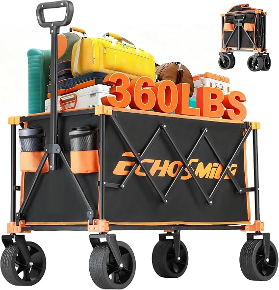 EchoSmile Collapsible Folding Wagon Cart 360lbs, Heavy Duty Garden Utility Cart with All Terrain Wheels, Large Capacity Outdoor Wagon for Camping, Beach, Shopping, Picnic (Black Orange)